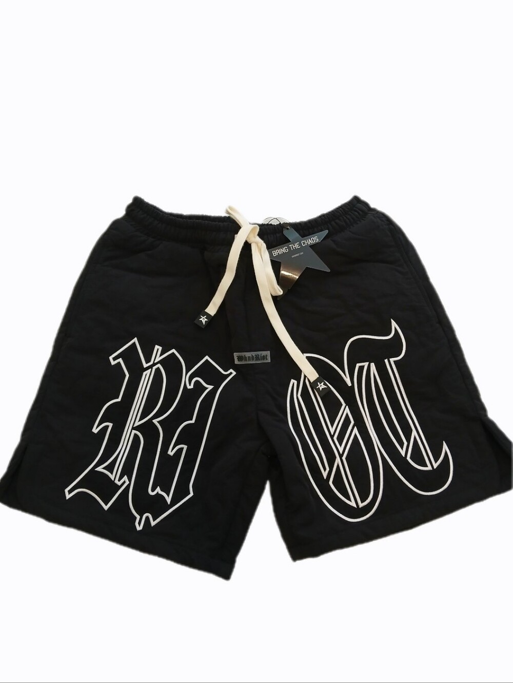 NWT Wknd Riot Small War Ready Black Graphic Men’s Shorts White Print Quilted